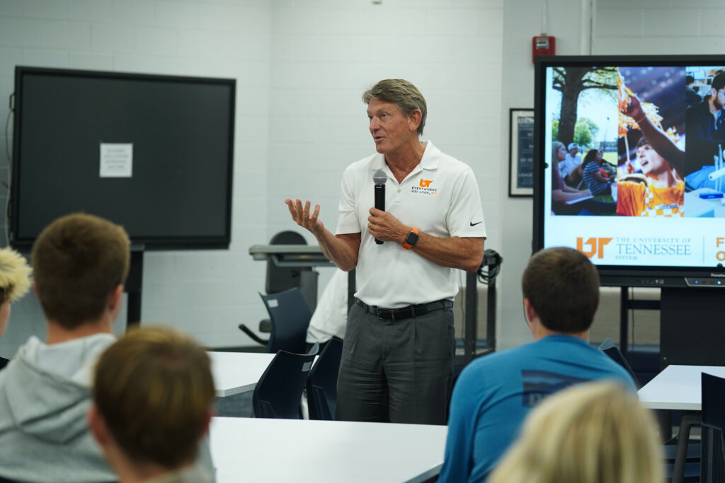 Leadership from the University of Tennessee System speak to Farragut High School students about the possibilities of a college degree through one of UT's five campuses, Oct. 15, 2024. (Photo by Kasey Funderburg)